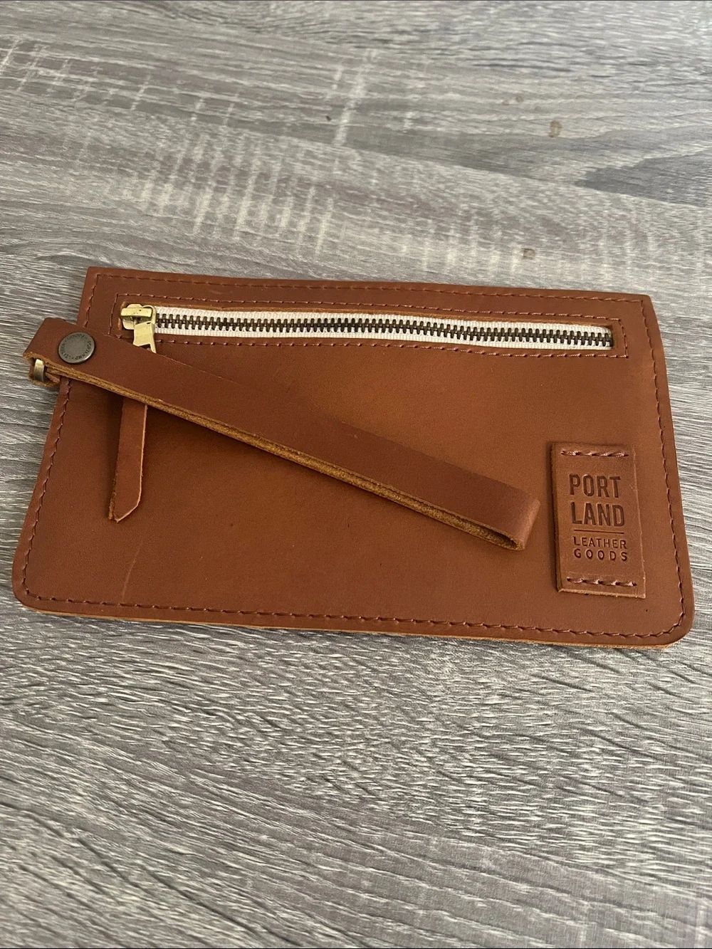 Portland Leather Goods Cognac Leather Wristlet Clutch Zip Pouch Handbag